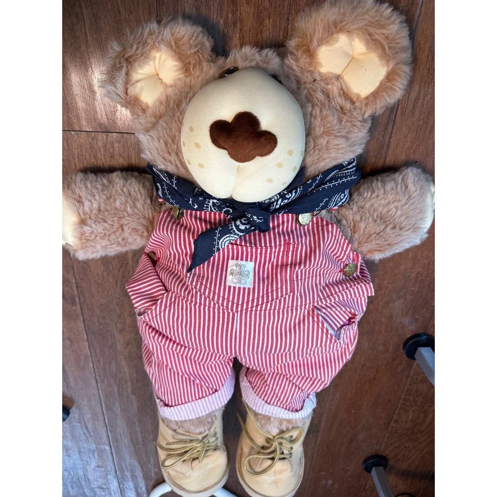 Furskins - Dudley Bear - Red‎ Striped Overalls Bandana Boots Xavier Roberts 1984